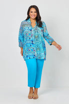 womens blue print long sleeve shirt worn by model