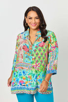womens shirt turquoise multi floral print shirt worn by model