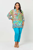 womens shirt turquoise multi floral print shirt worn by model