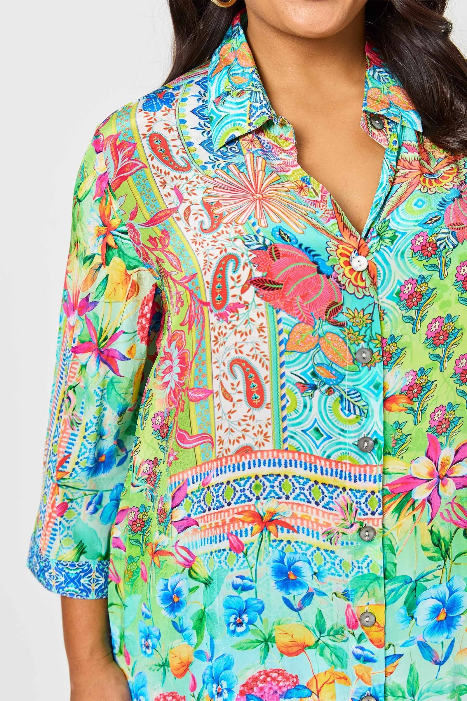 womens shirt turquoise multi floral print shirt worn by model details