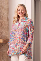womens shirt pink multi colour print worn by model