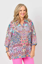 womens shirt pink multi colour print worn by model