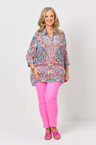 womens shirt pink multi colour print worn by model