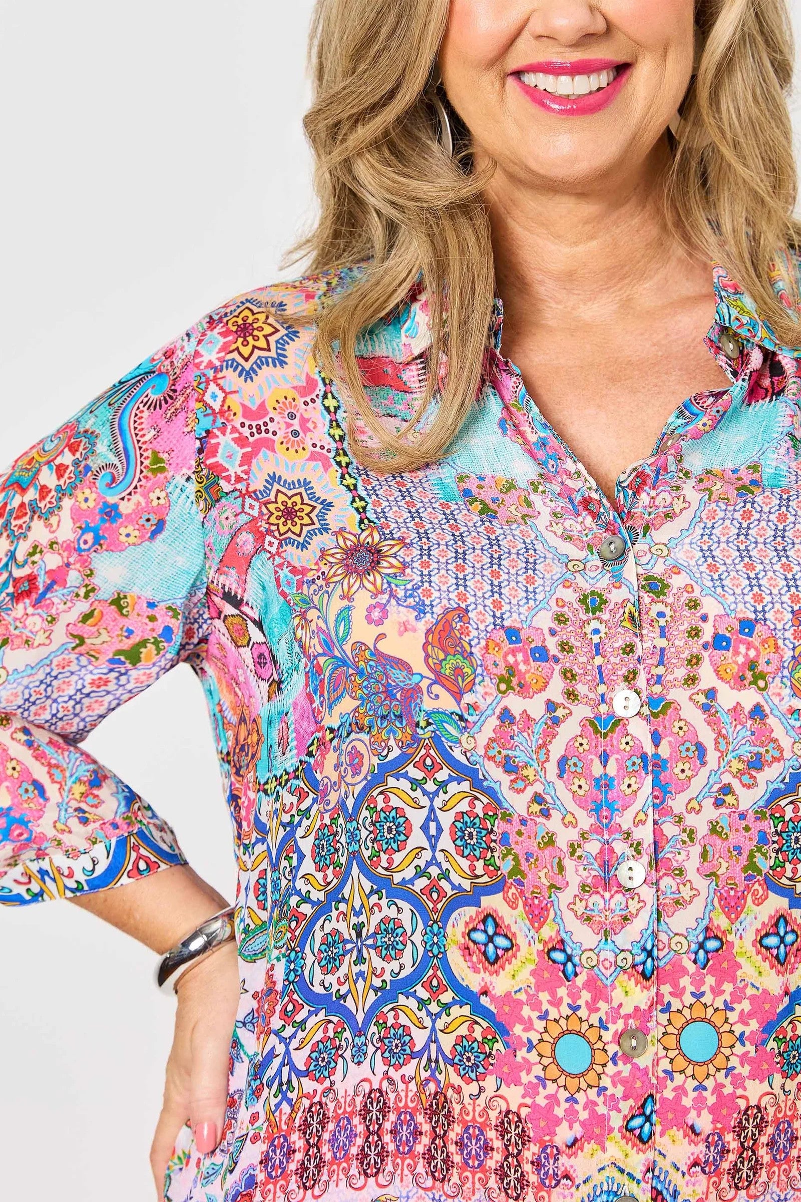 womens shirt pink multi colour print worn by model detail