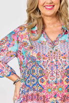 womens shirt pink multi colour print worn by model detail
