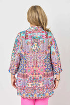 womens shirt pink multi colour print worn by model back view