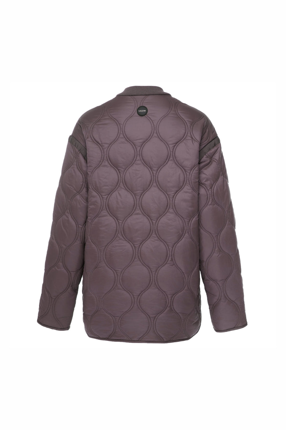 Womens brown mauve quilted bomber jacket on white background back angle