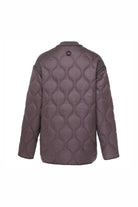 Womens brown mauve quilted bomber jacket on white background back angle