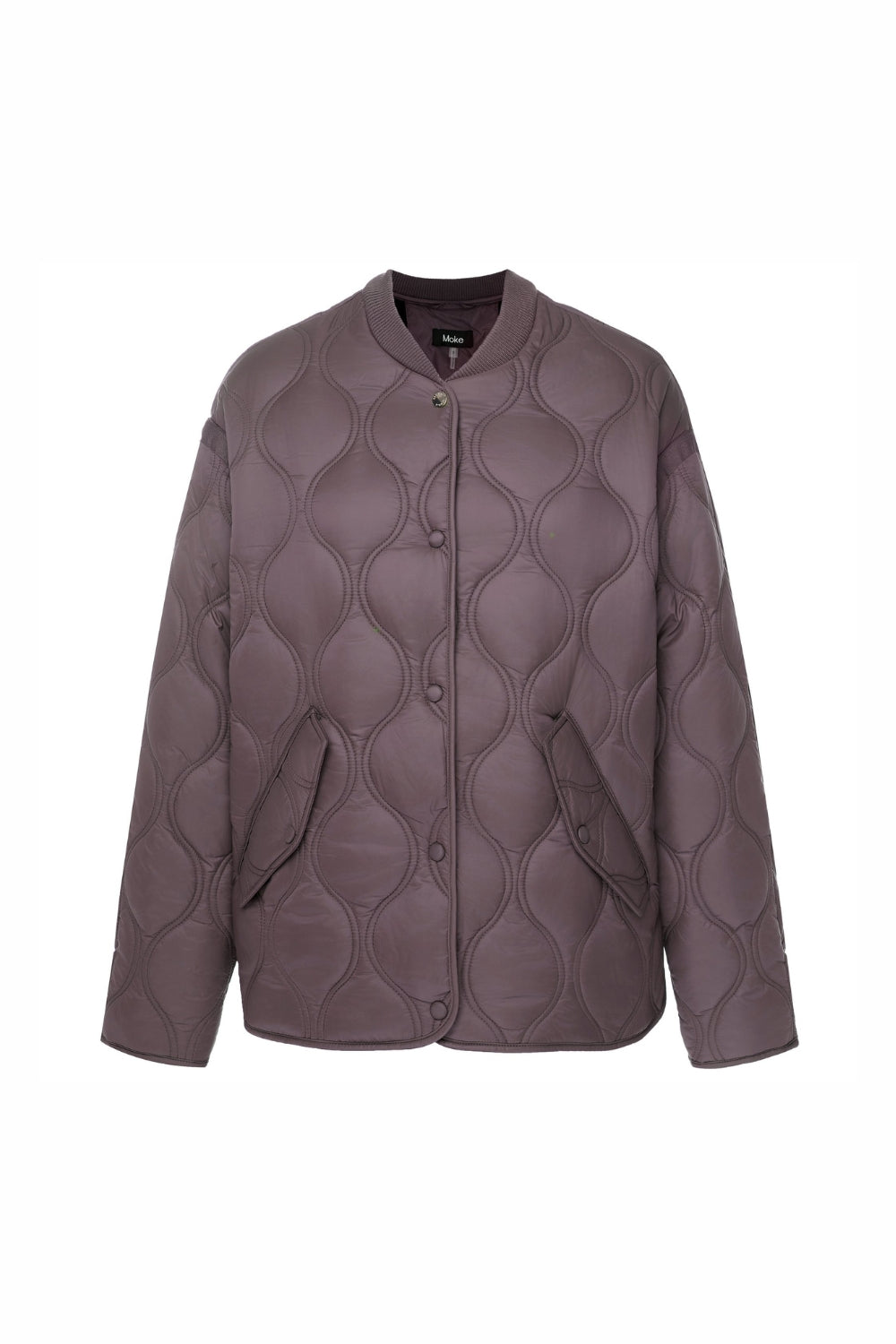 Womens brown mauve quilted bomber jacket on white background