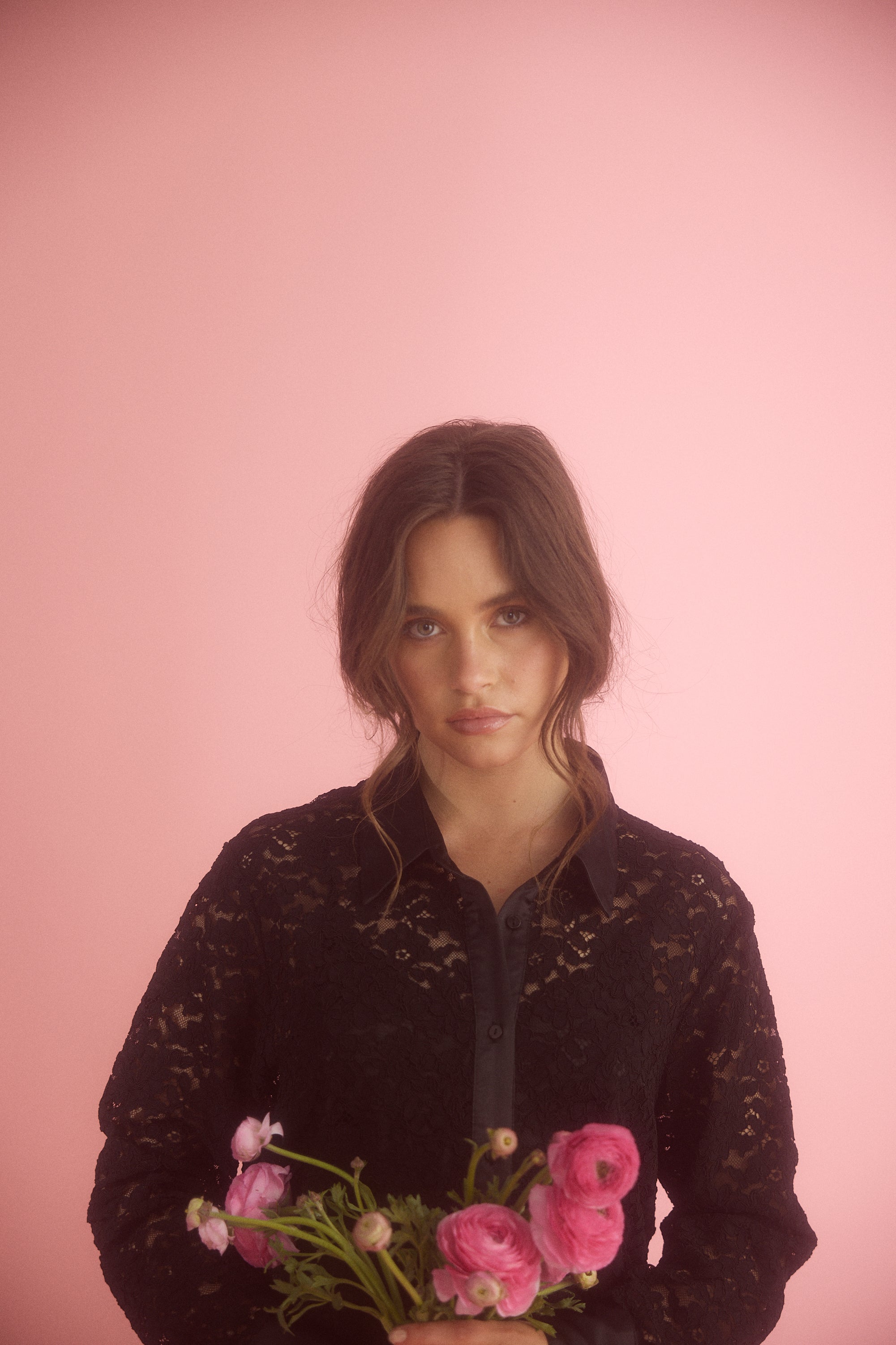 womens lace shirt long sleeve with satin trimmings in black campaign