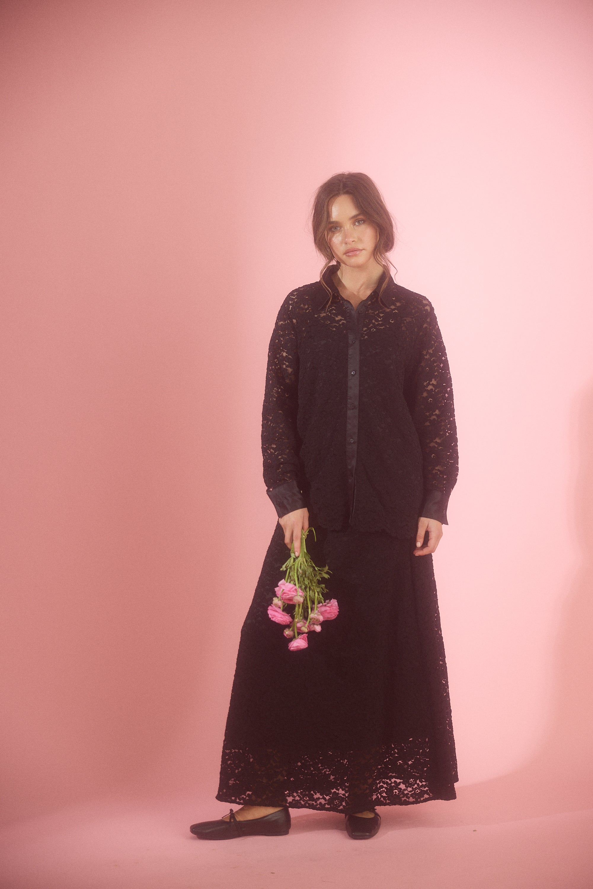 womens lace shirt long sleeve with satin trimmings in black campaign