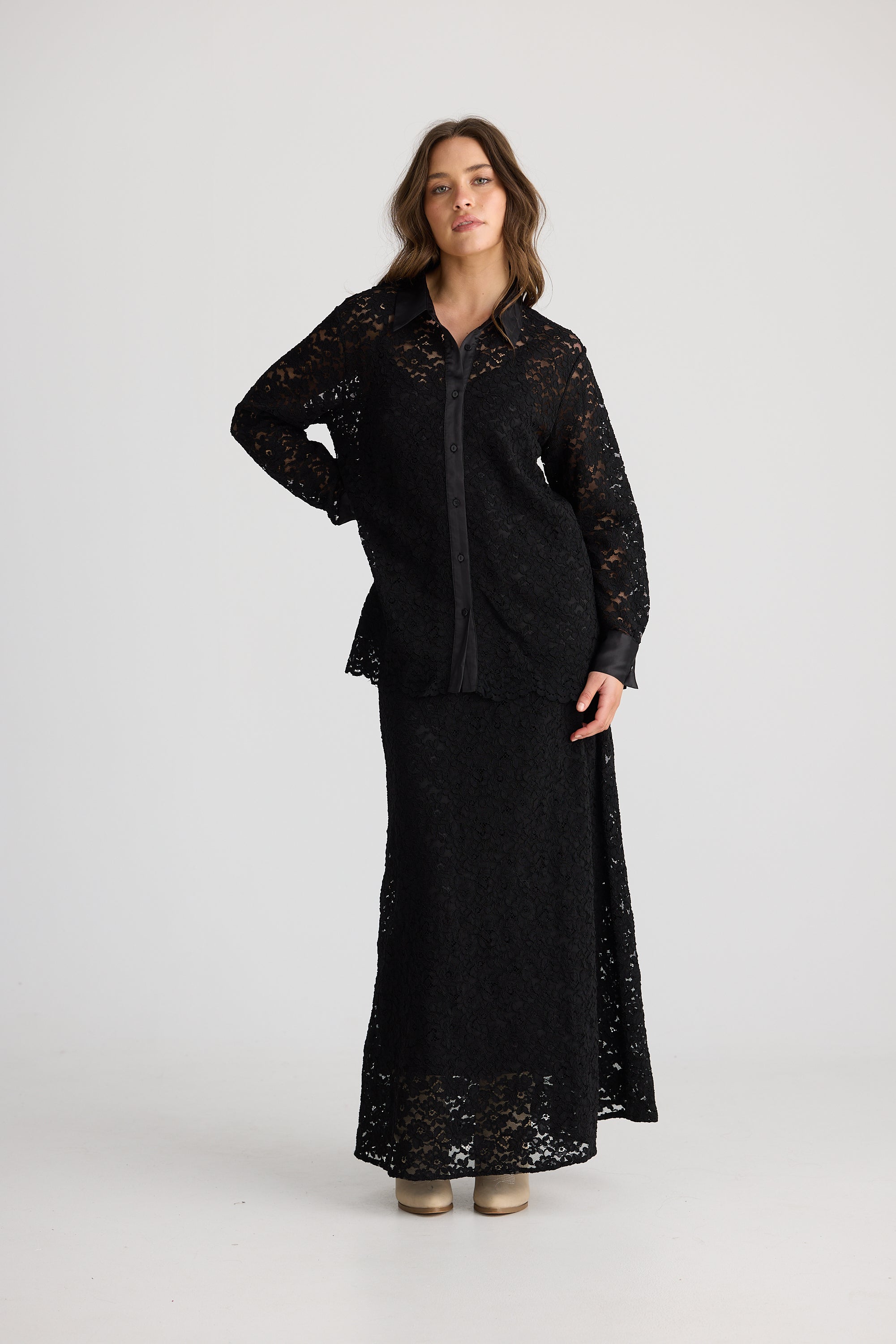 womens lace shirt long sleeve with satin trimmings in black
