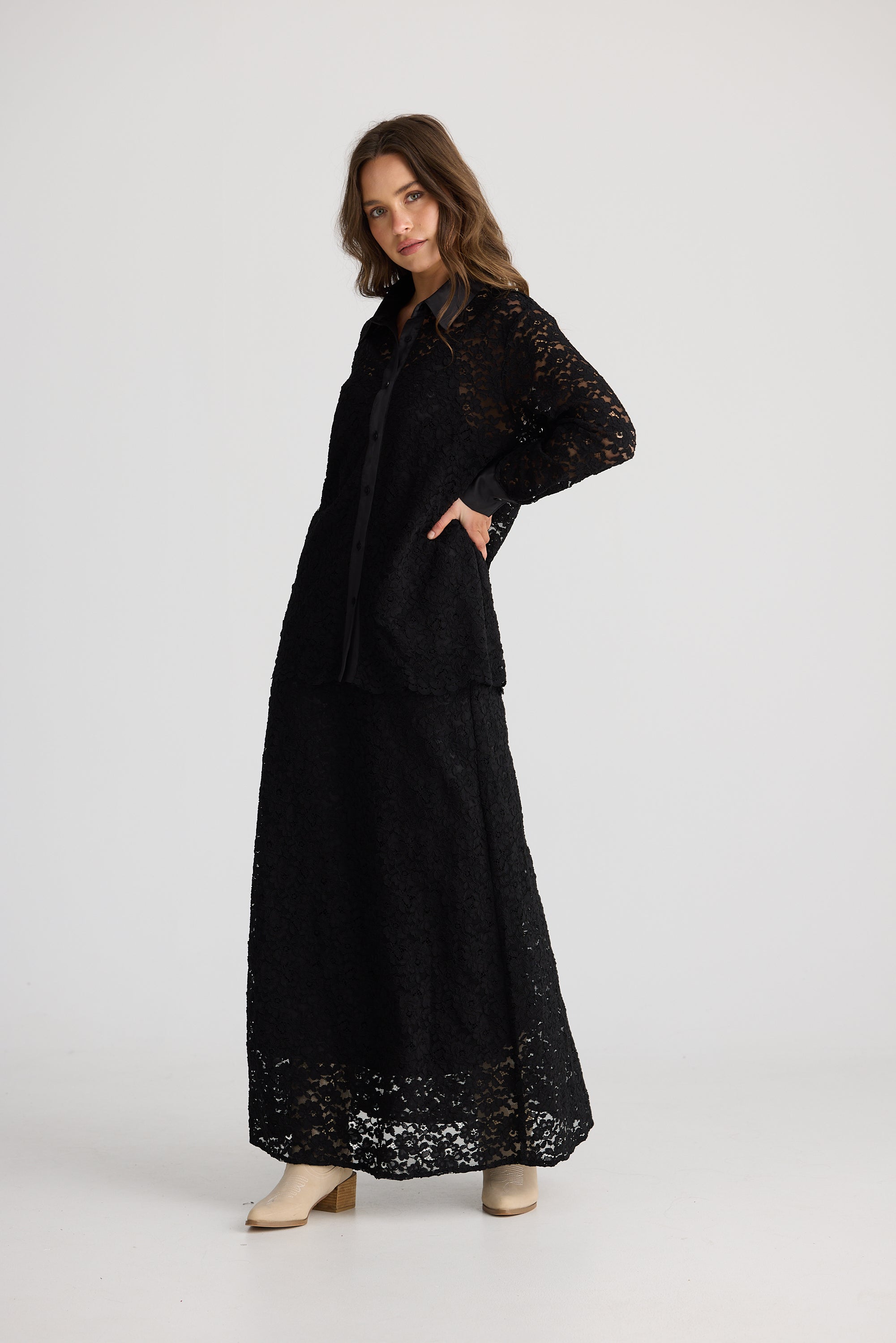womens lace shirt long sleeve with satin trimmings in black