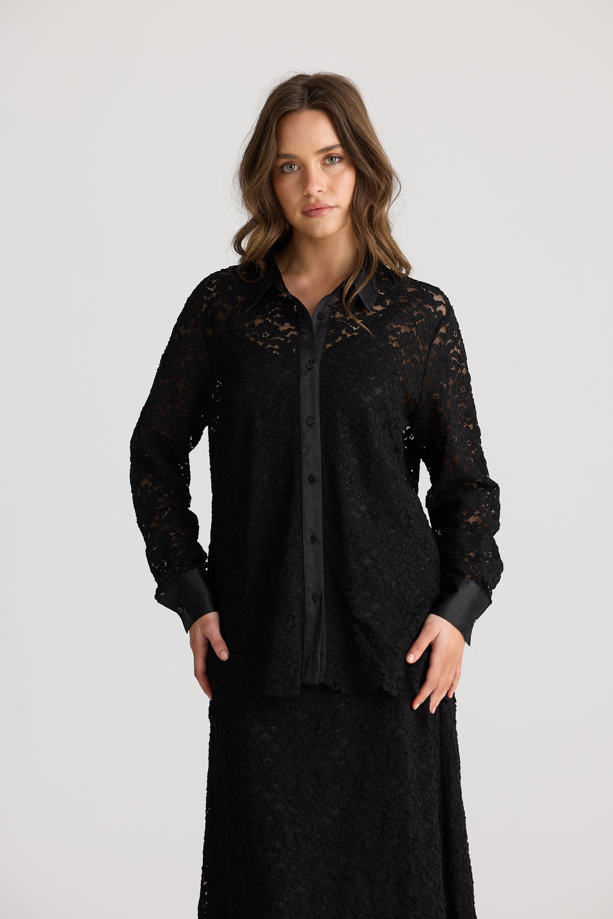 womens lace shirt long sleeve with satin trimmings in black