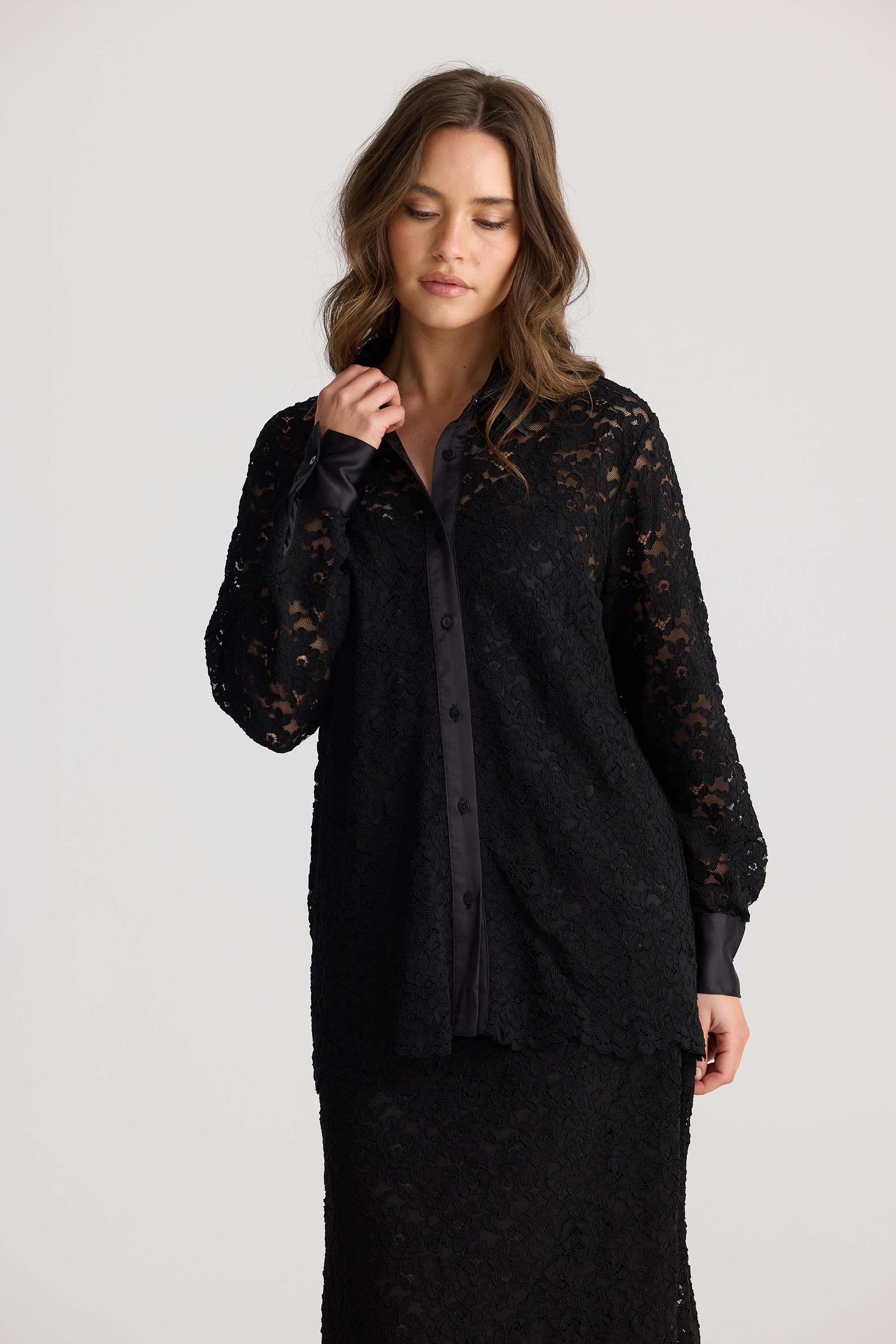 womens lace shirt long sleeve with satin trimmings in black