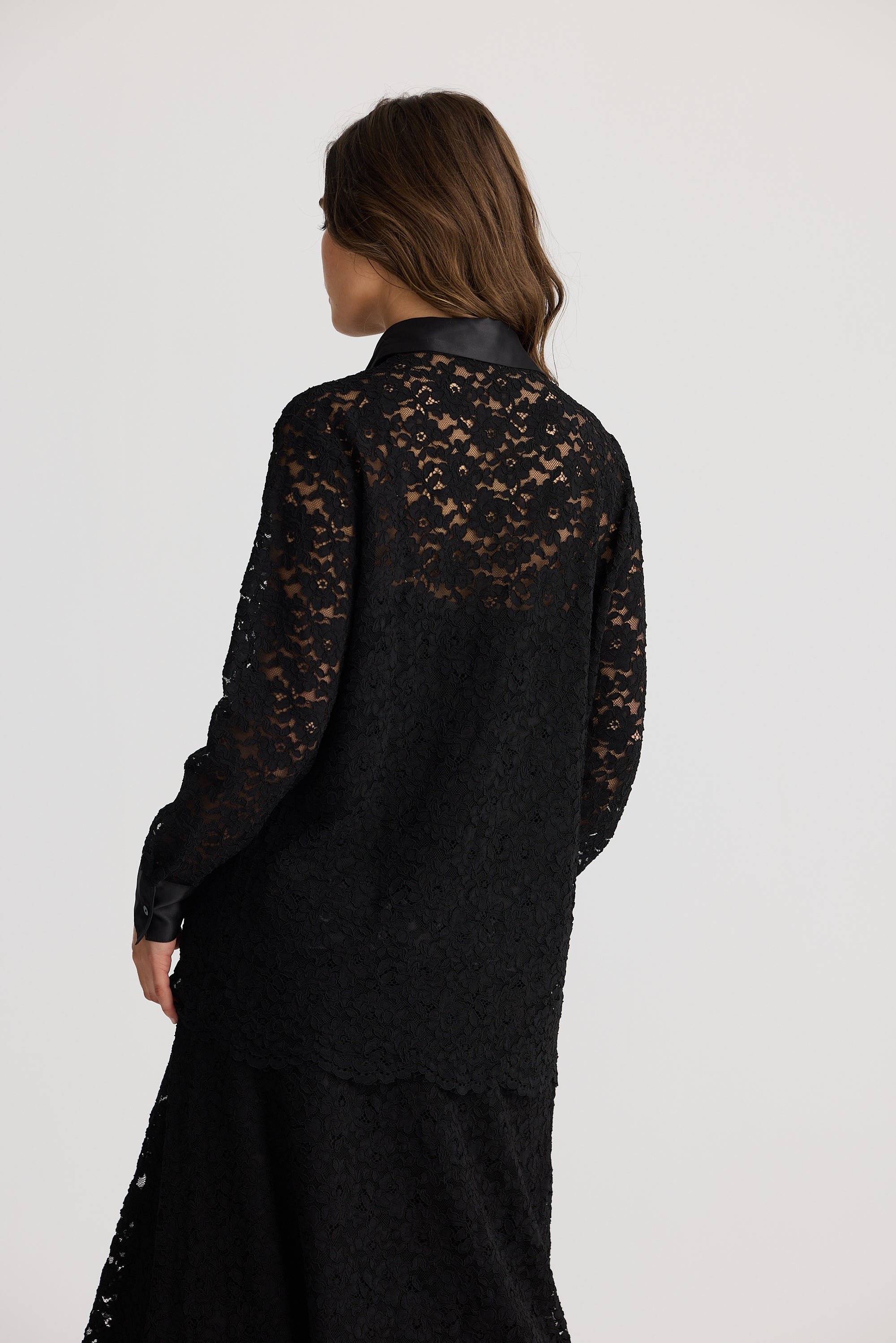 womens lace shirt long sleeve with satin trimmings in black back view