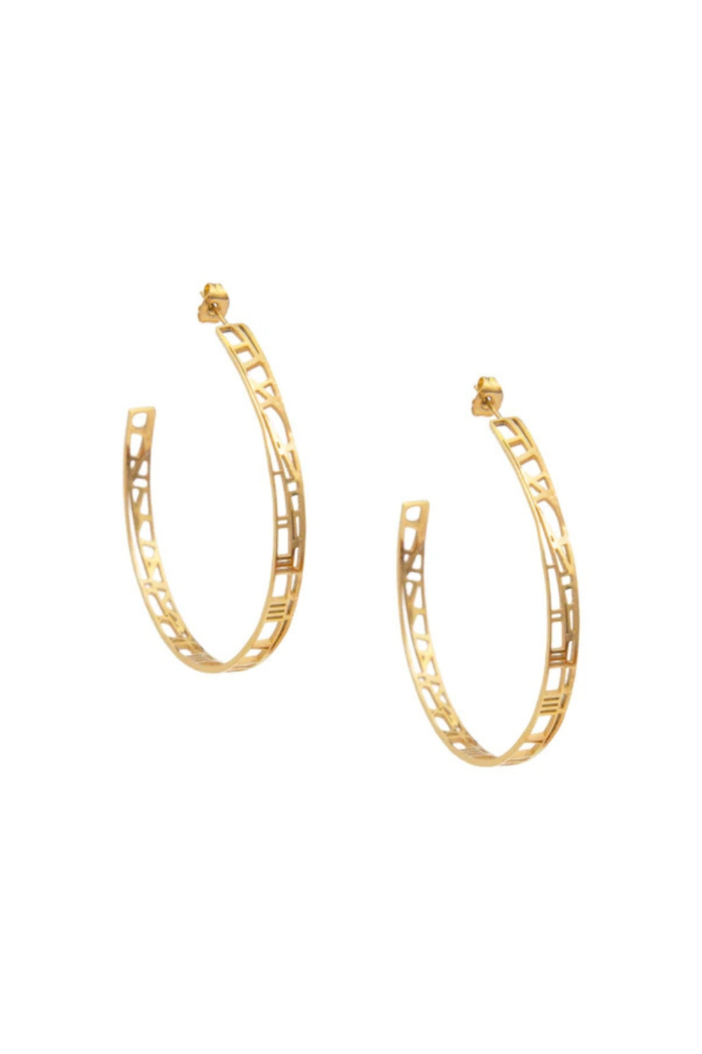 gold hoops earrings with map and clock details