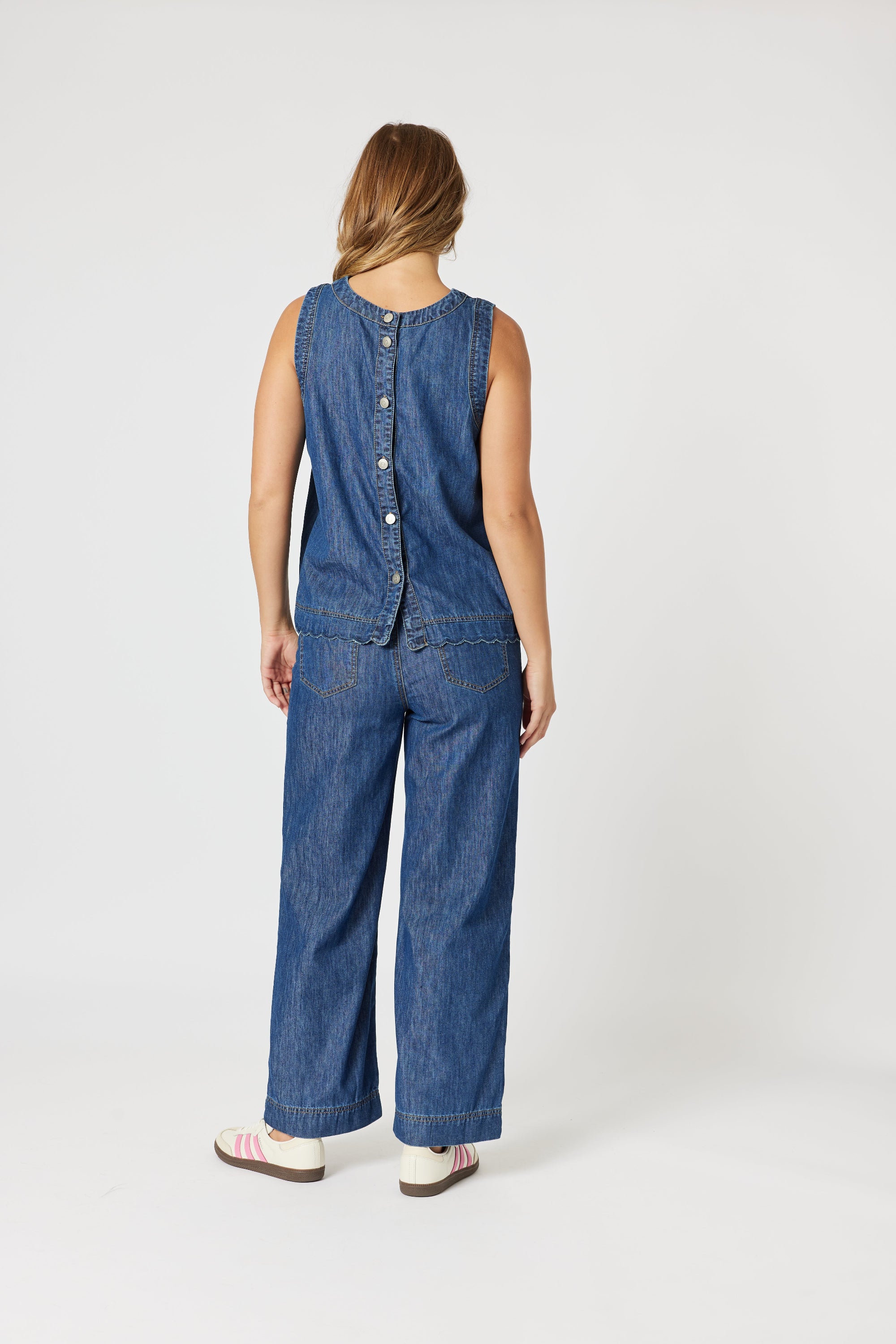 womens straight wide leg jean with top stitching mid wash worn by model back view