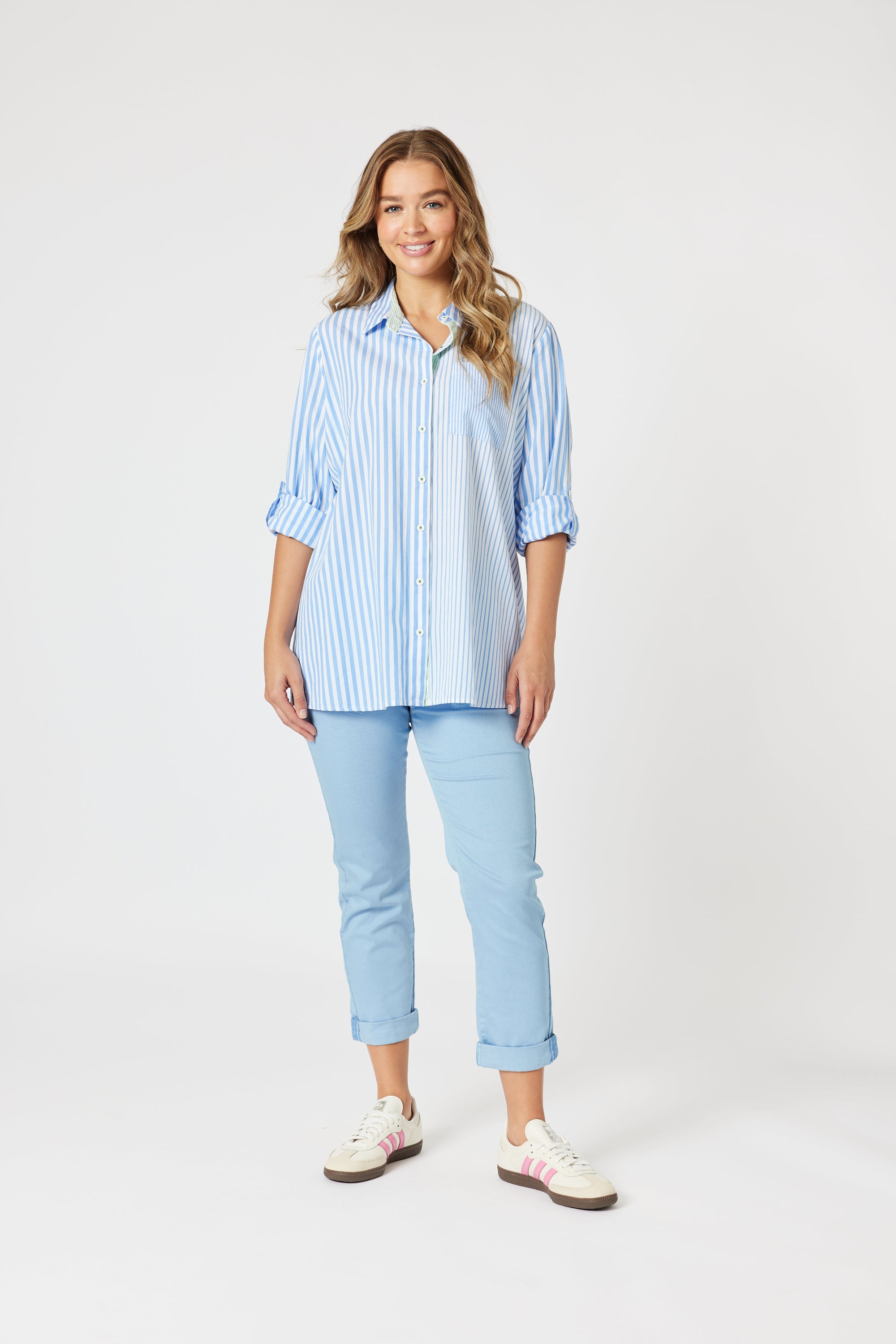 stripe button through shirt light blue and white with long adjustable sleeve worn by model 