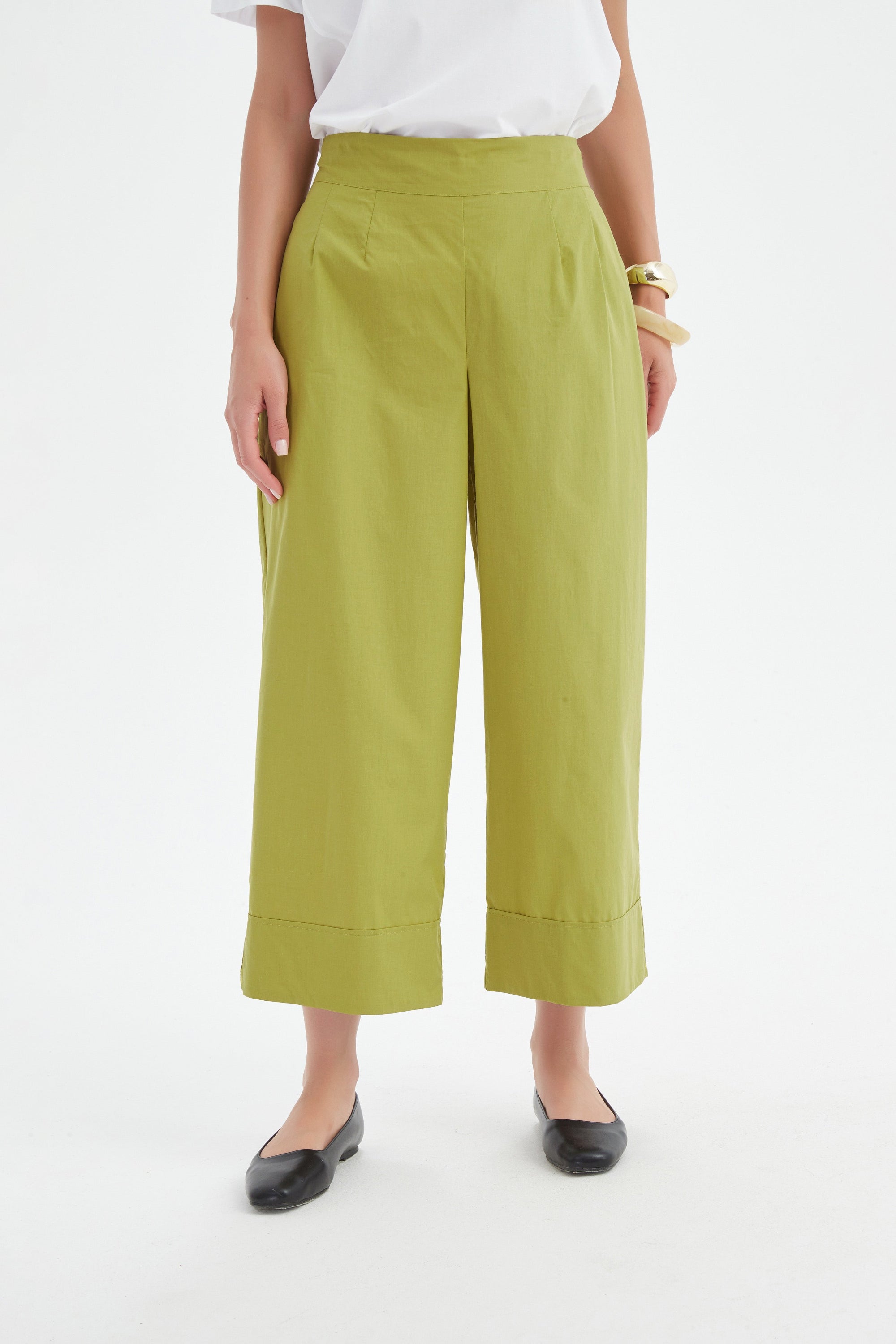 pea green wide leg pant worn by model 