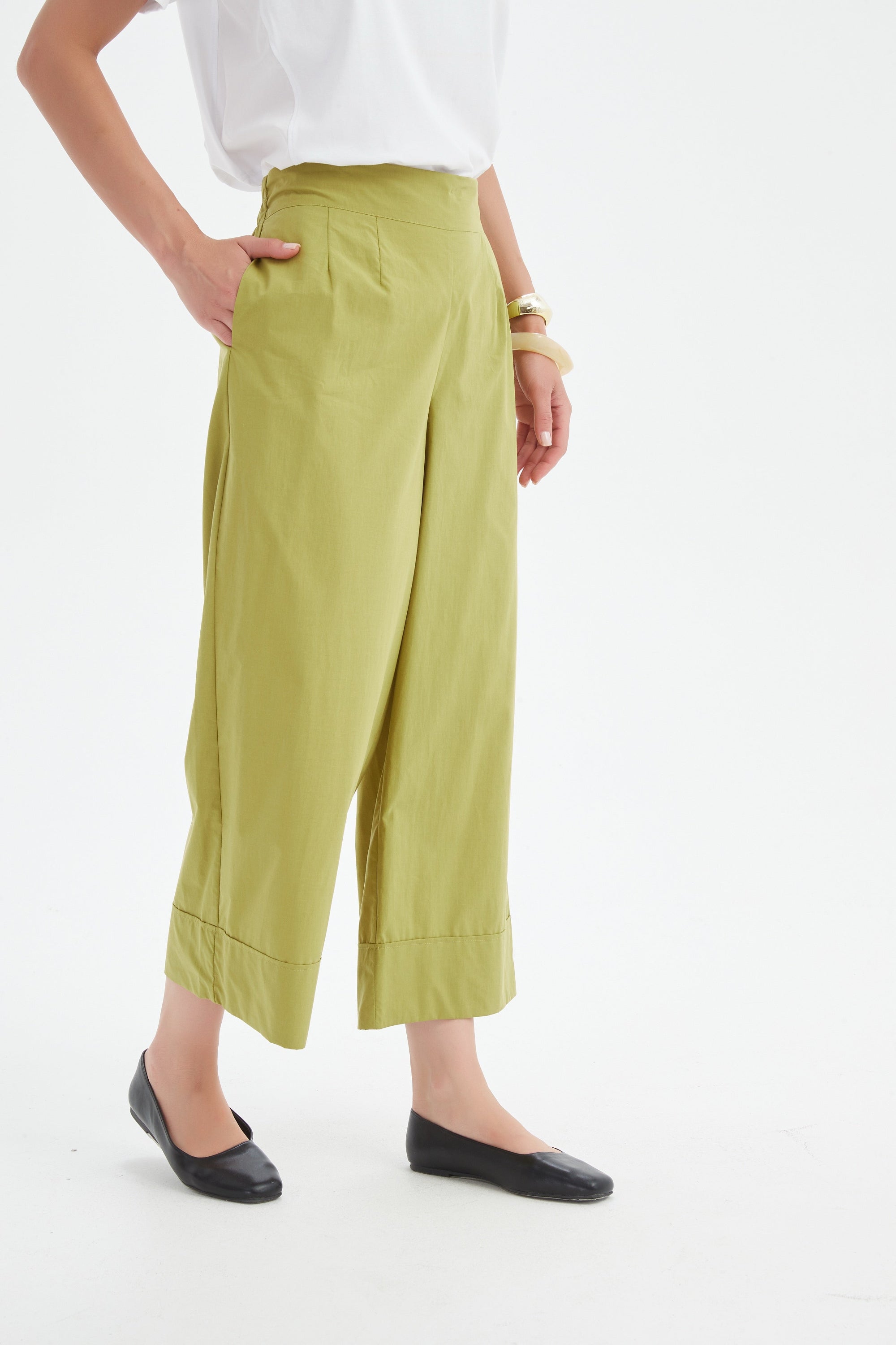 pea green wide leg pant worn by model side