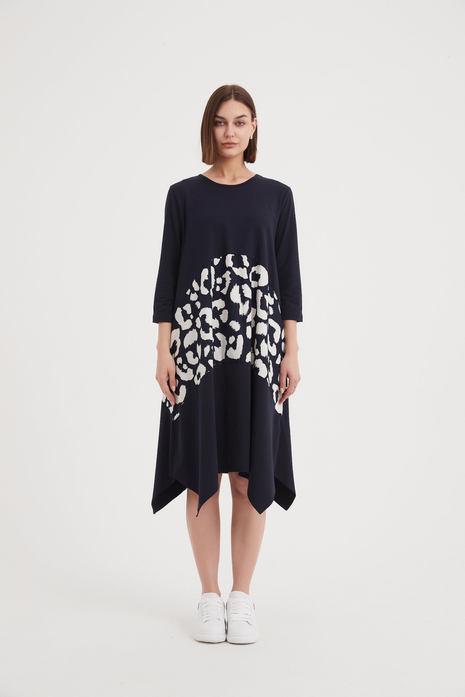 midi-dress-hanky-hem-navy-animal-print-plus-size-clothing