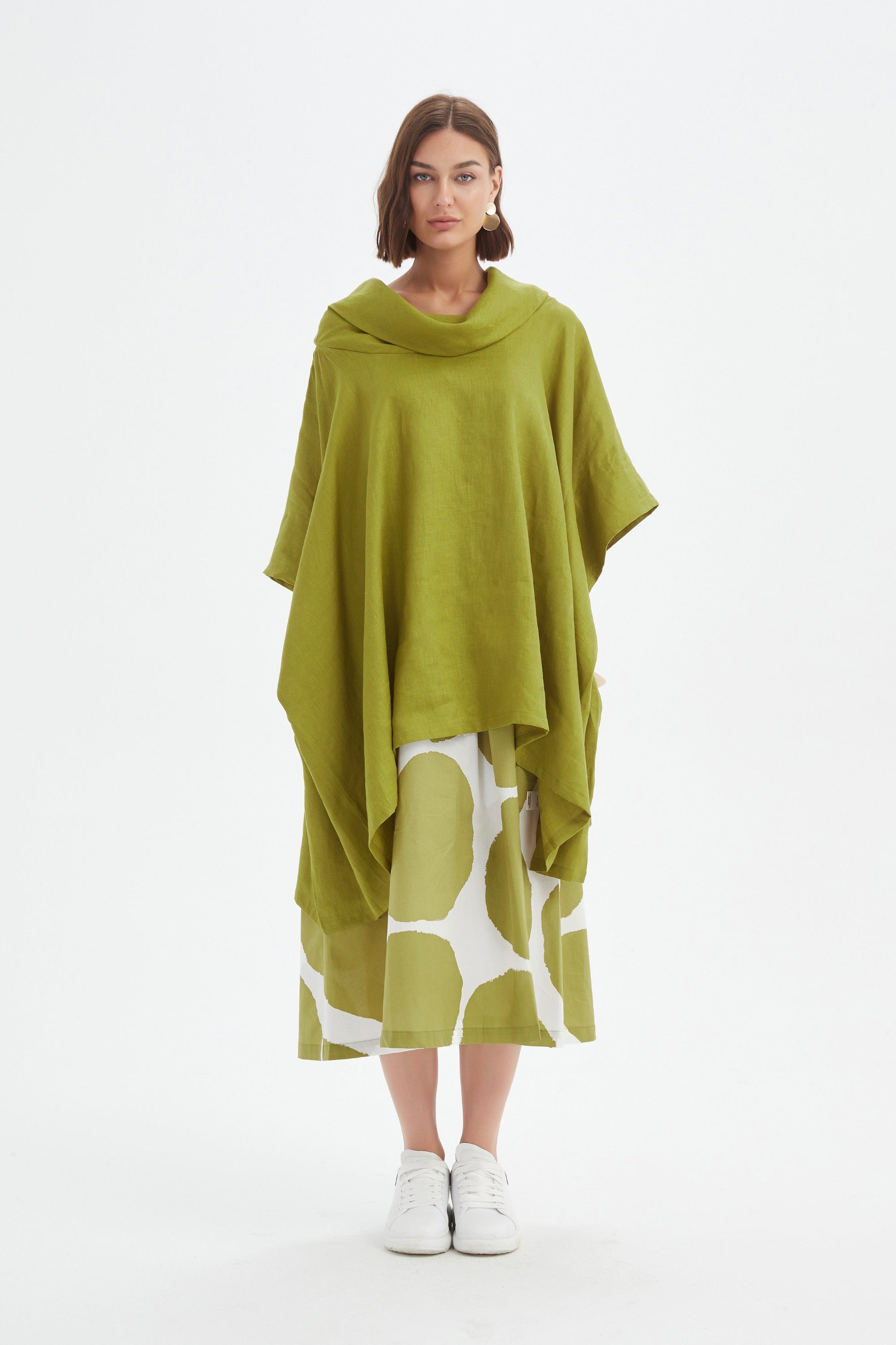 flowy waterfall poncho in chartreuse worn by model 