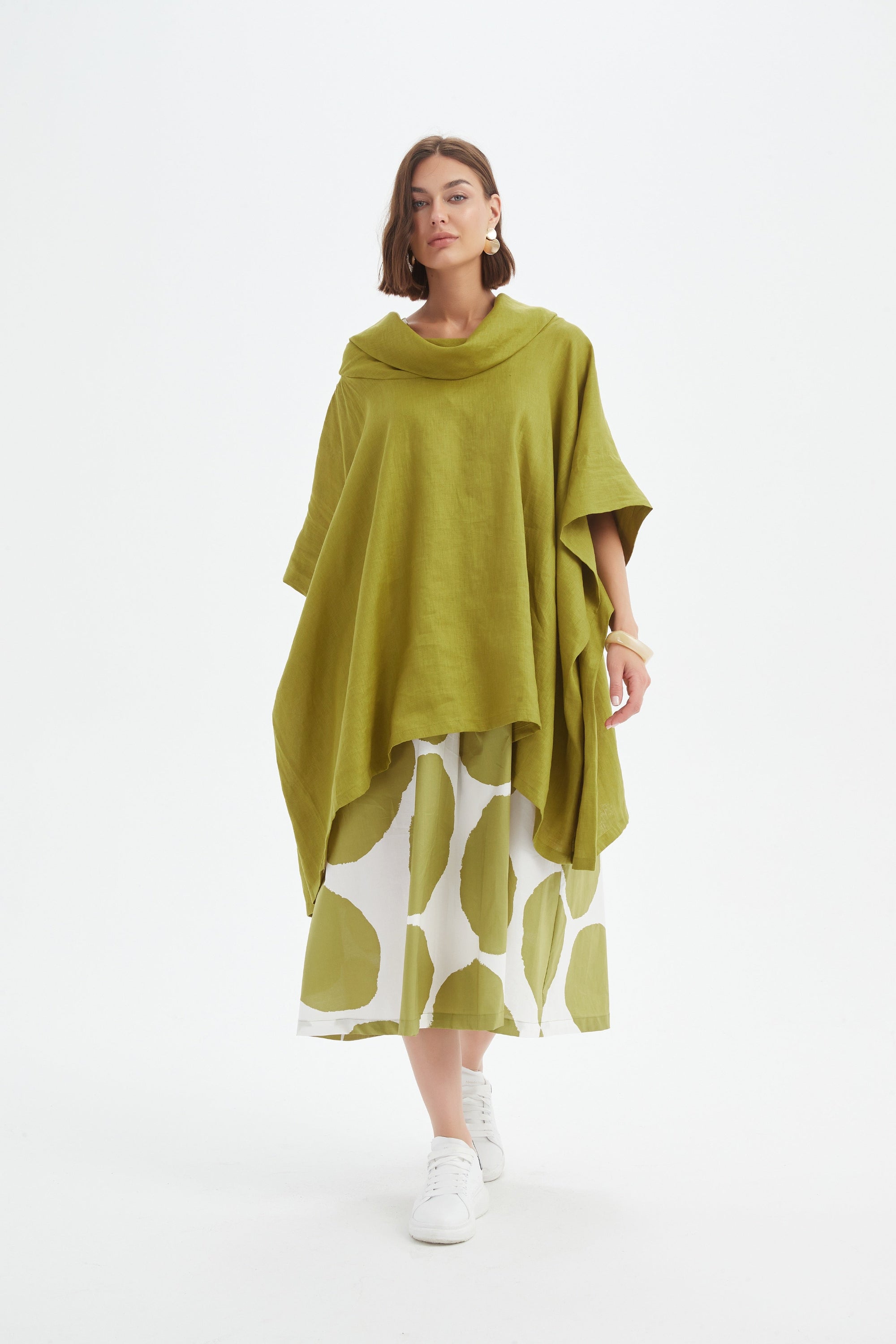 flowy waterfall poncho in chartreuse worn by model 
