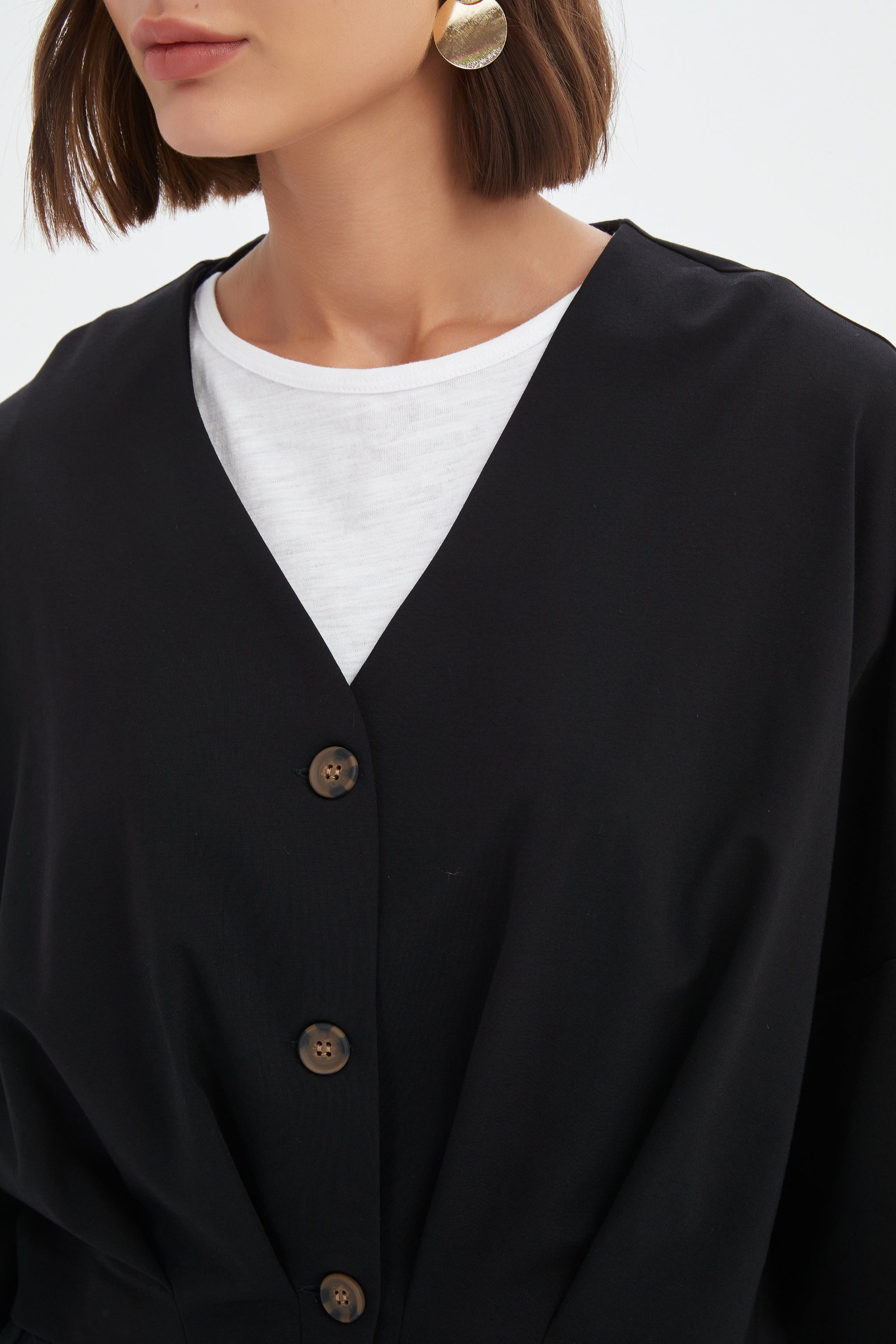 structured cardigan and pant in black worn by model detail