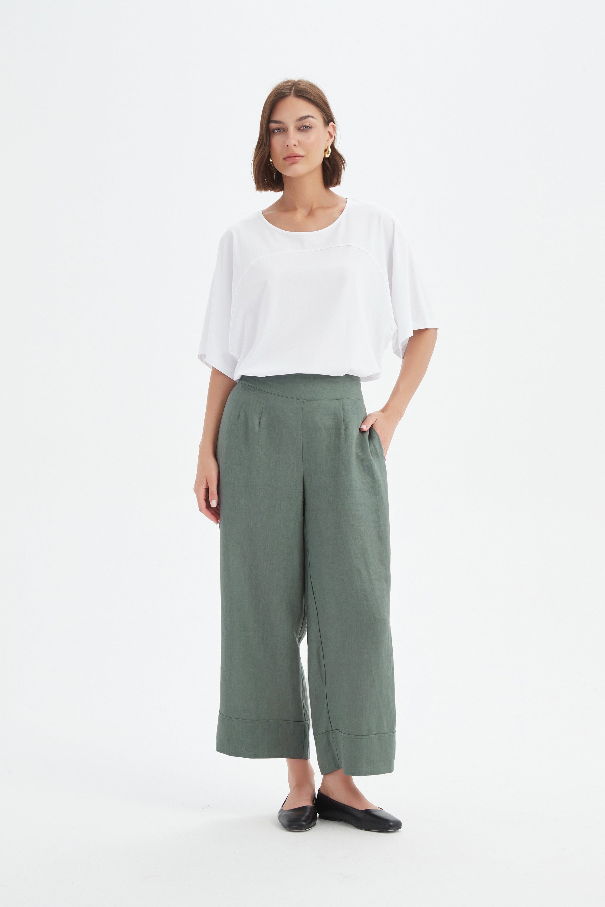 petrol wide leg linen pant and white tee worn by model 