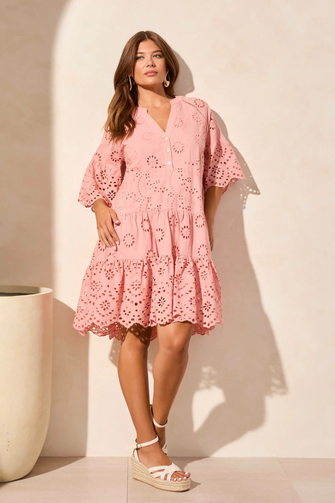 broderie anglaise midi dress in pink worn by model
