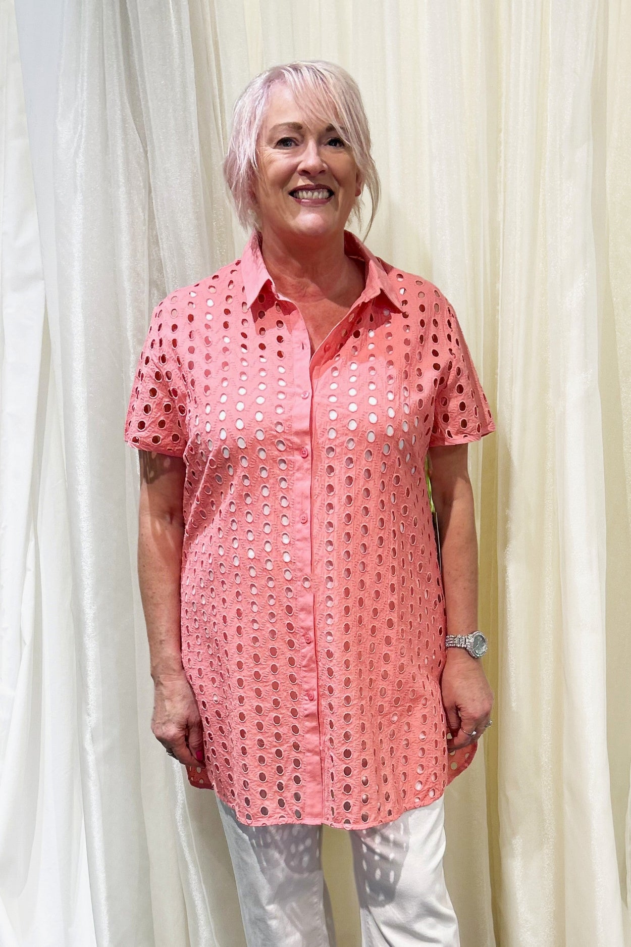 pink broderie anglaise longline pink shirt worn by model 