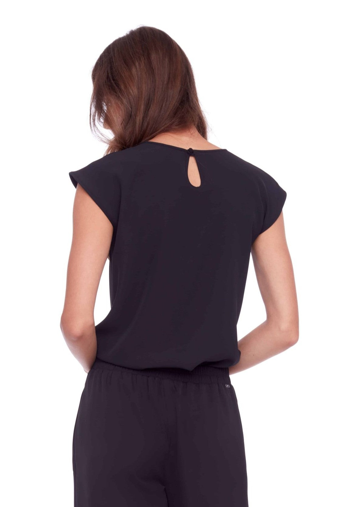 cap sleeve black top worn by model back view