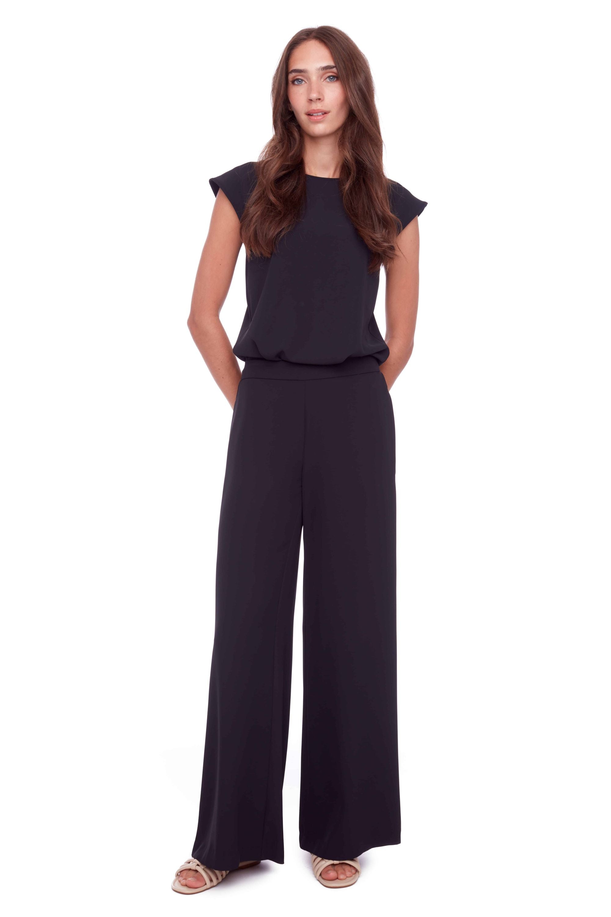 womens high waist wide leg black pants and black top worn by model 