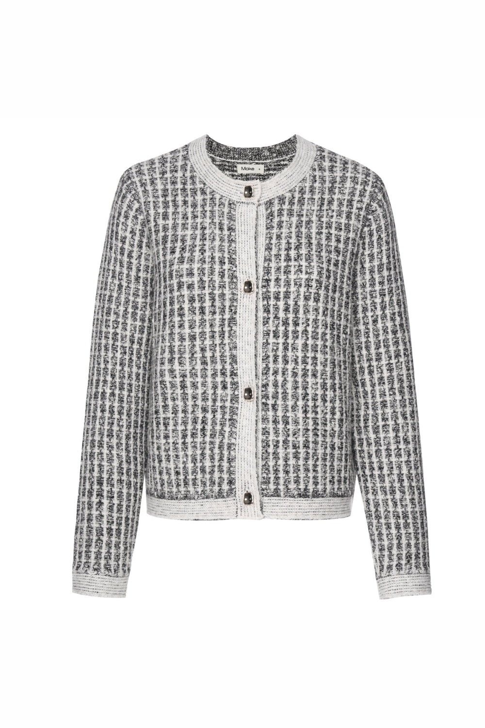 Black and white patterned cardigan on a white background