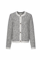 Black and white patterned cardigan on a white background