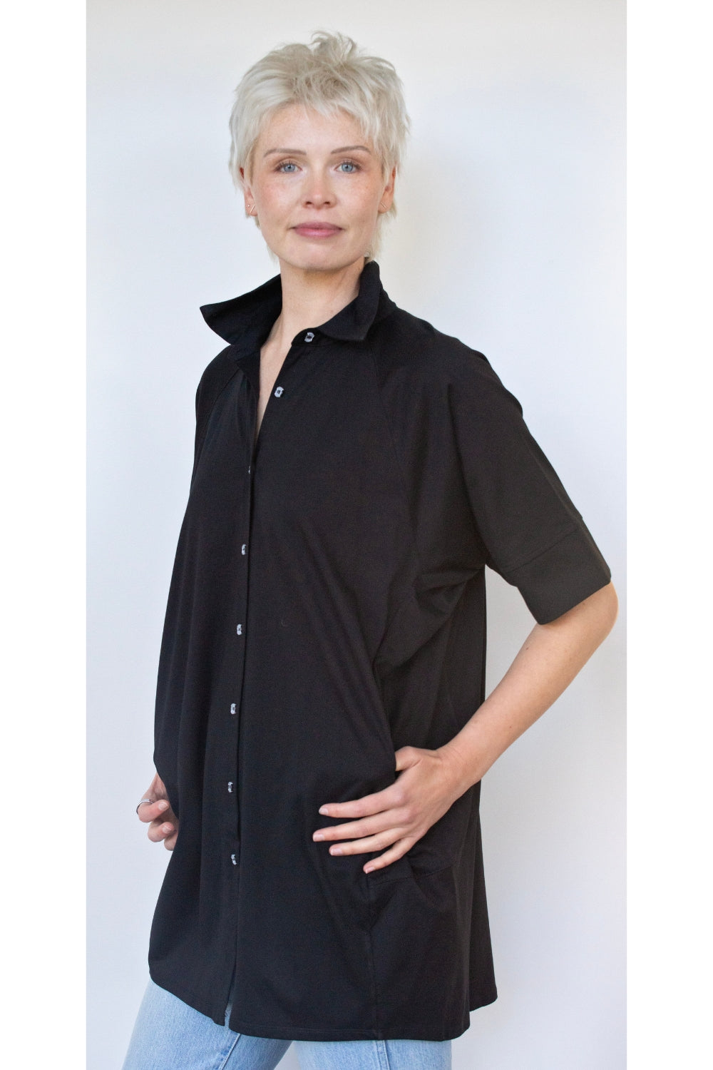 womens longline over shirt black worn by model