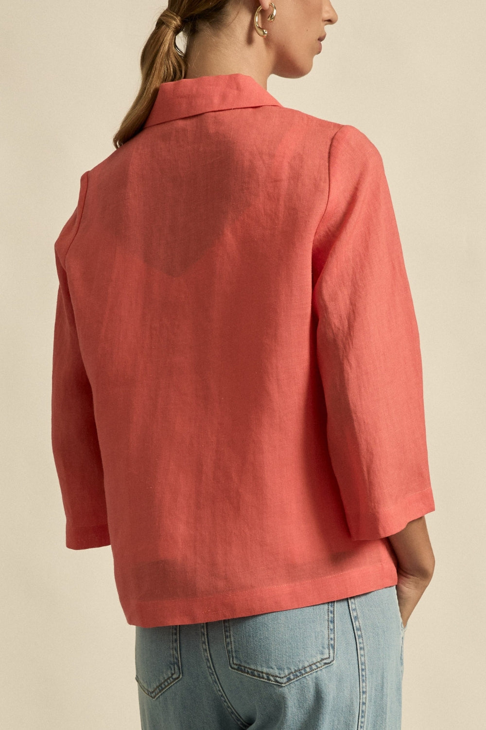 womens double breasted jacket in melon worn by model back view