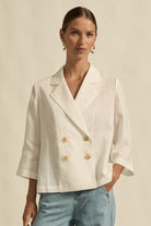womens double breasted jacket in porcelain worn by model 