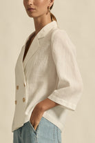 womens double breasted jacket in porcelain worn by model side view