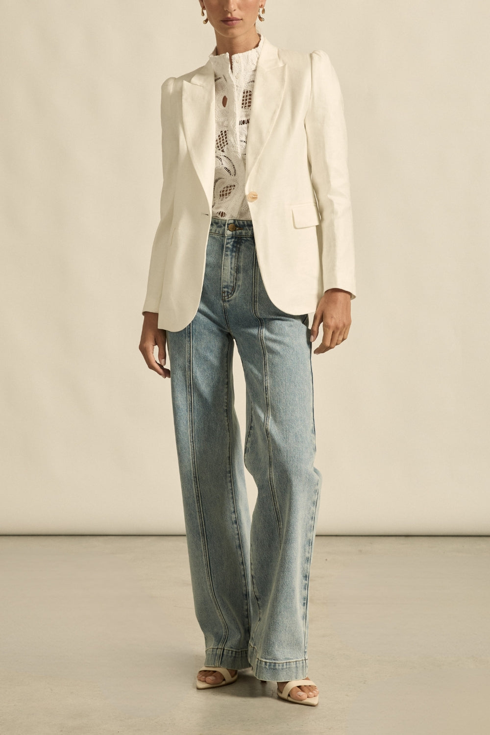 Womens jacket blazer off white with jeans worn by model 