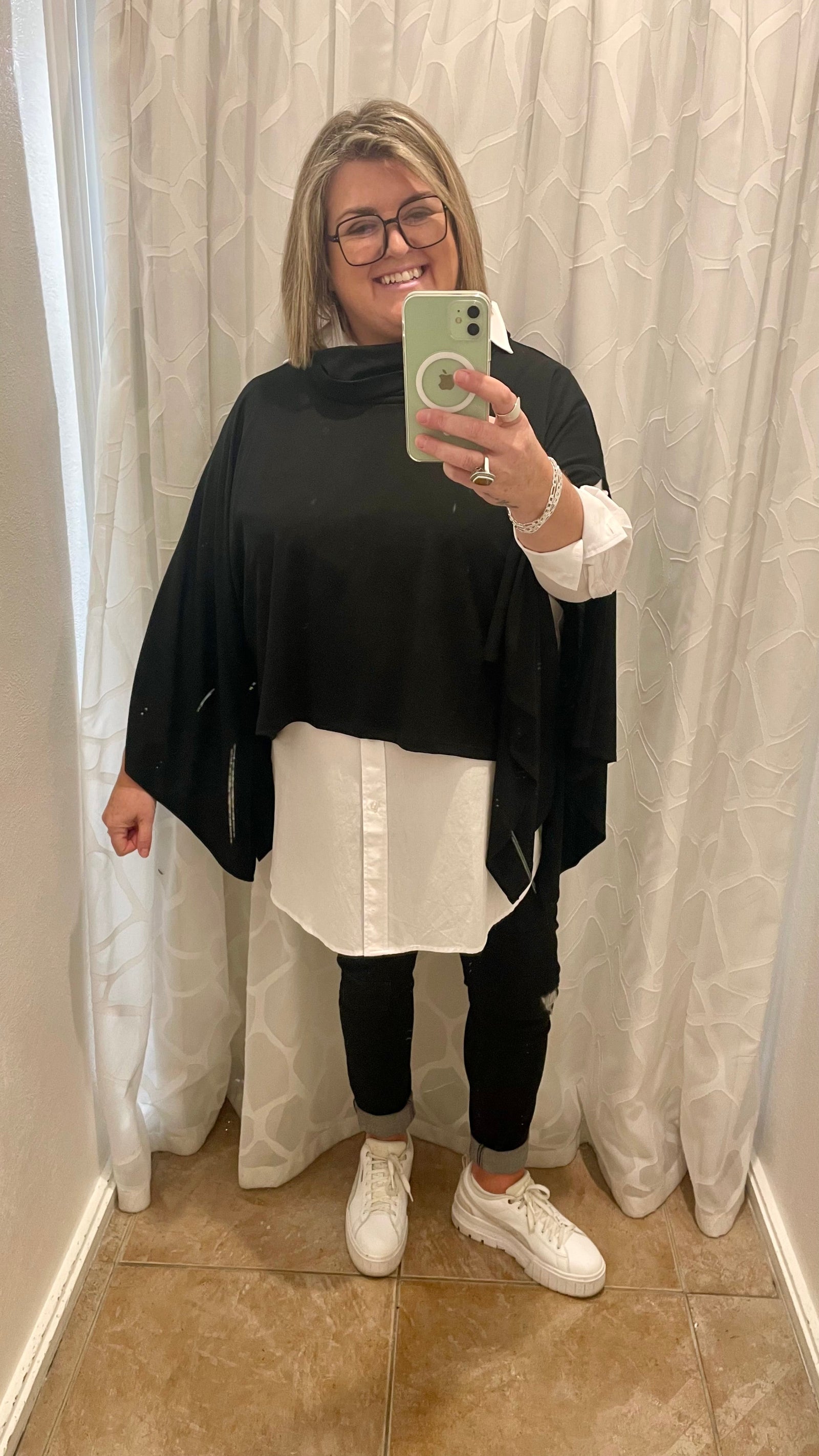 cashews milan cape worn over white shirt