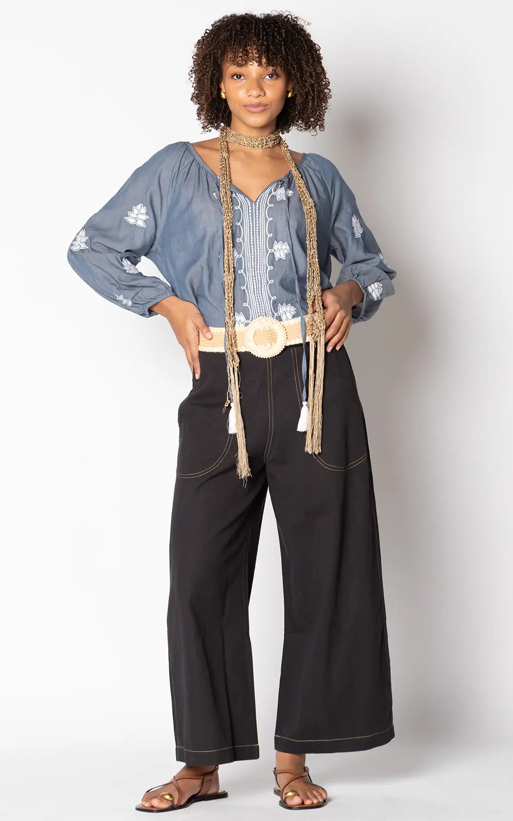 Ruby Yaya Pula Pant in black, front view showing cropped length, wide-leg cut, and flat front waistband