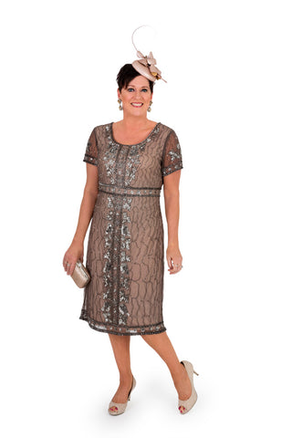 Layla Jones - LJ0152 Tea Length Beaded Mesh Dress with 3/4 Sleeve